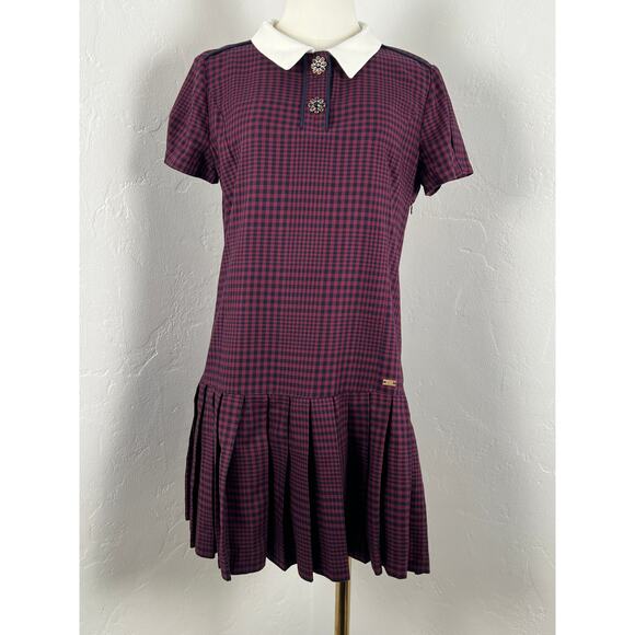 HOUNDSTOOTH MINI DRESS in Navy Burgundy Pleated Drop Waist (Womens: 6-8) - Picture 1 of 16